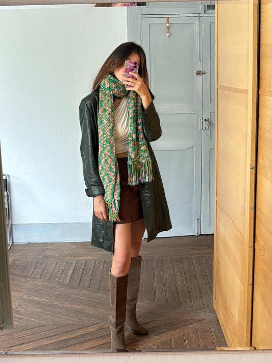 Vintage scarf, fun playful colourful knit wear, long green and pink fringe winter shawl, pop of colour wrap