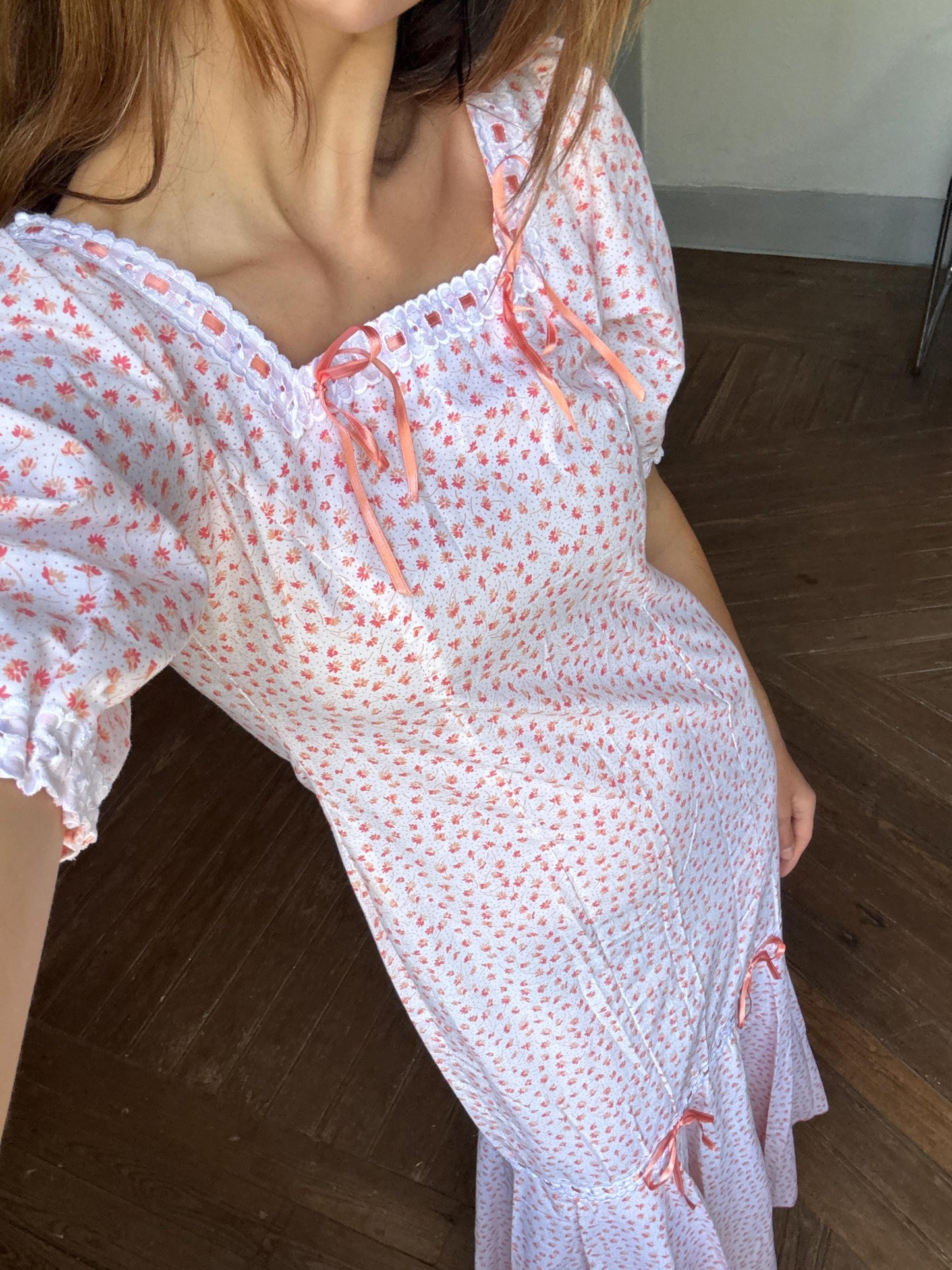 Vintage cottage core dress, romantic nightgown, handmade cotton pink floral lace ribbon trim prairie style nightie, size s