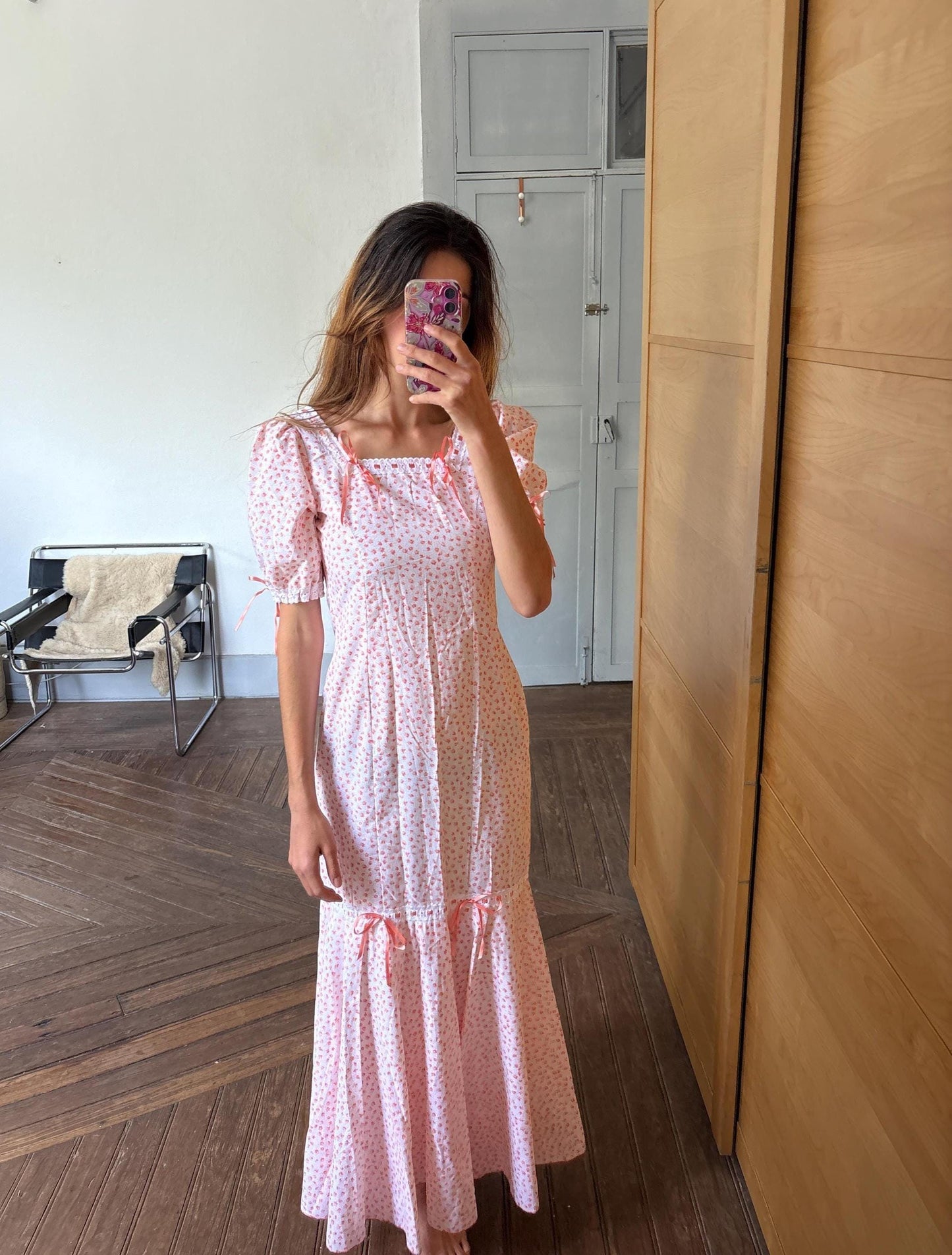 Vintage cottage core dress, romantic nightgown, handmade cotton pink floral lace ribbon trim prairie style nightie, size s