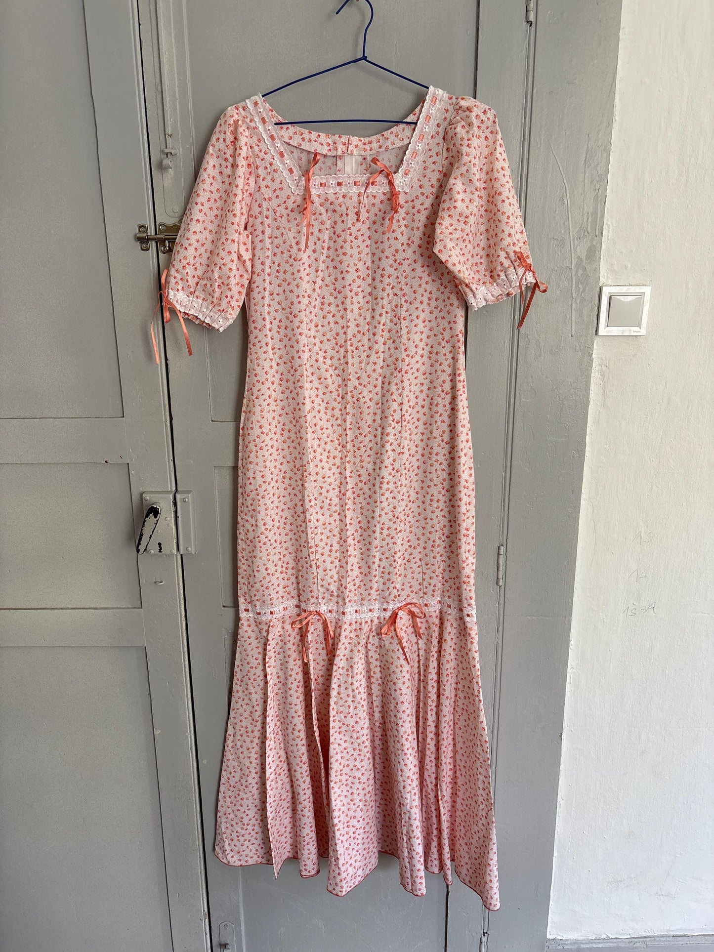 Vintage cottage core dress, romantic nightgown, handmade cotton pink floral lace ribbon trim prairie style nightie, size s