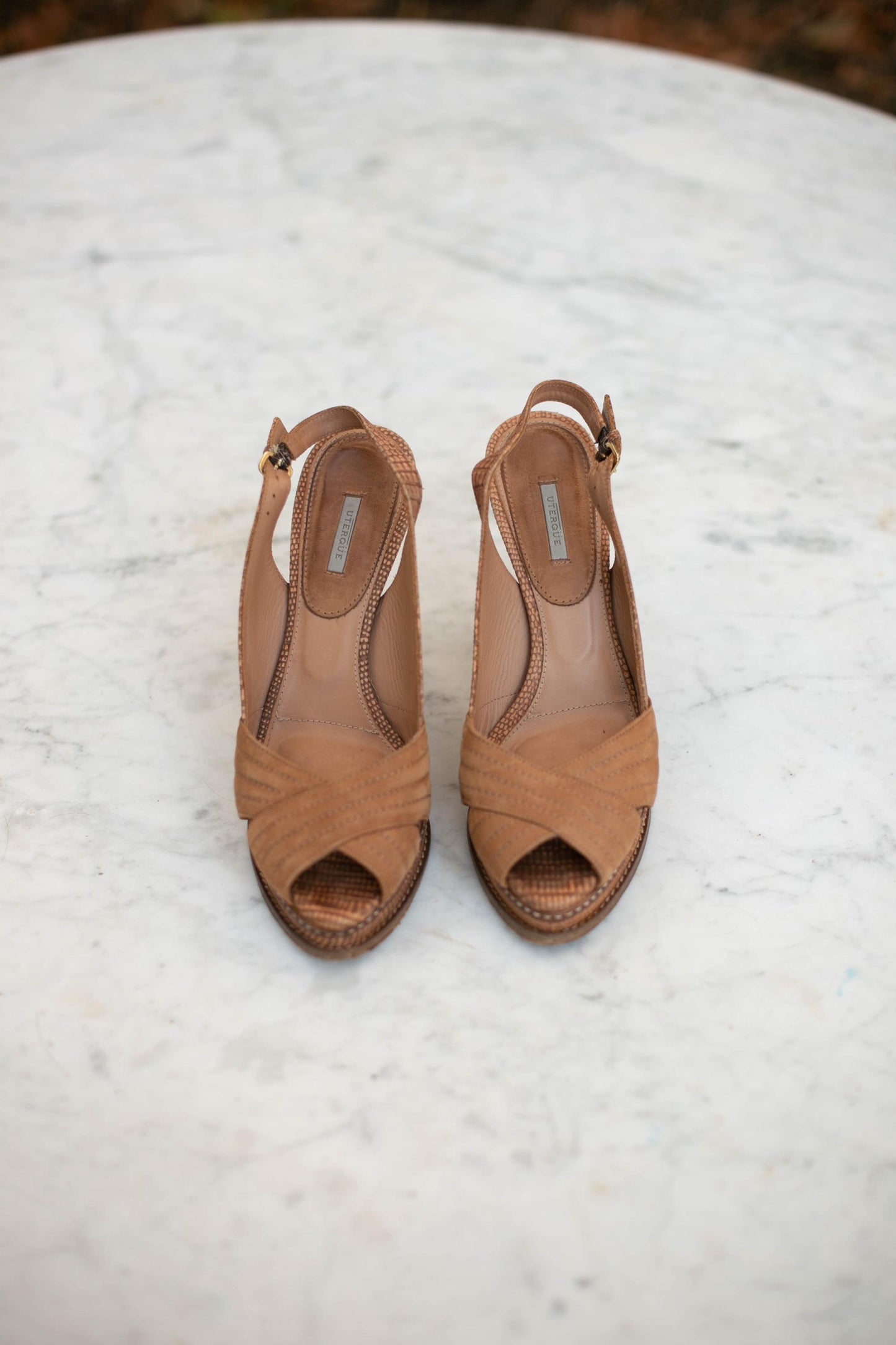 Uterque open toe vintage high heels, elegant formal designer pumps, beige high heels