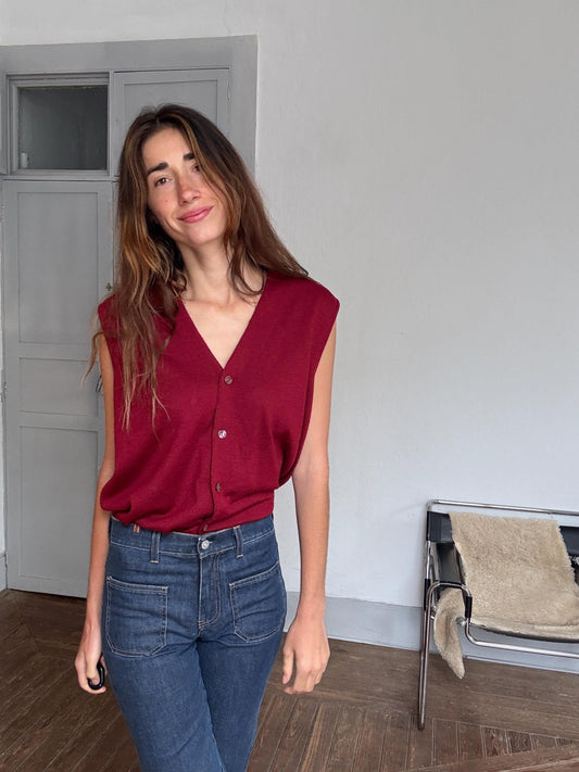 Vintage red wool blend waistcoat vest – dark academia gilet, unisex, size XL, button-up layering piece, oversized fit, 90s style knit