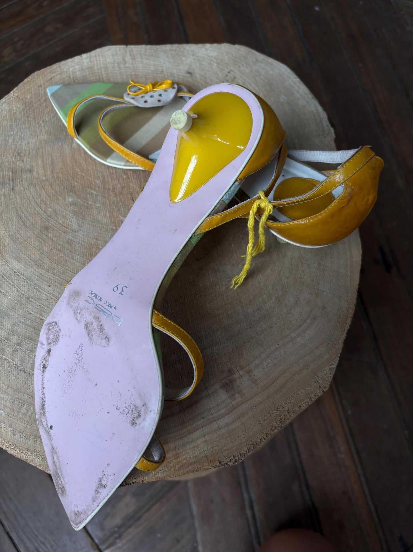 Vintage Paco Herrero yellow heels – striped Y2K mini sandals with bow & rhinestone detail, EU 39, playful retro aesthetic, 4cm heel
