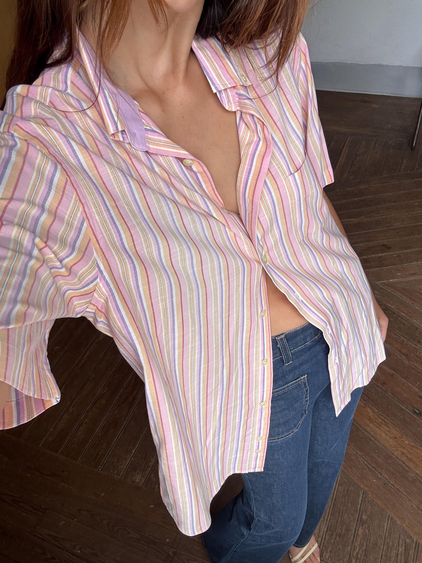 Vintage Striped Button-Up Shirt – Unisex, Boxy Fit, Summer Pastels – Size L