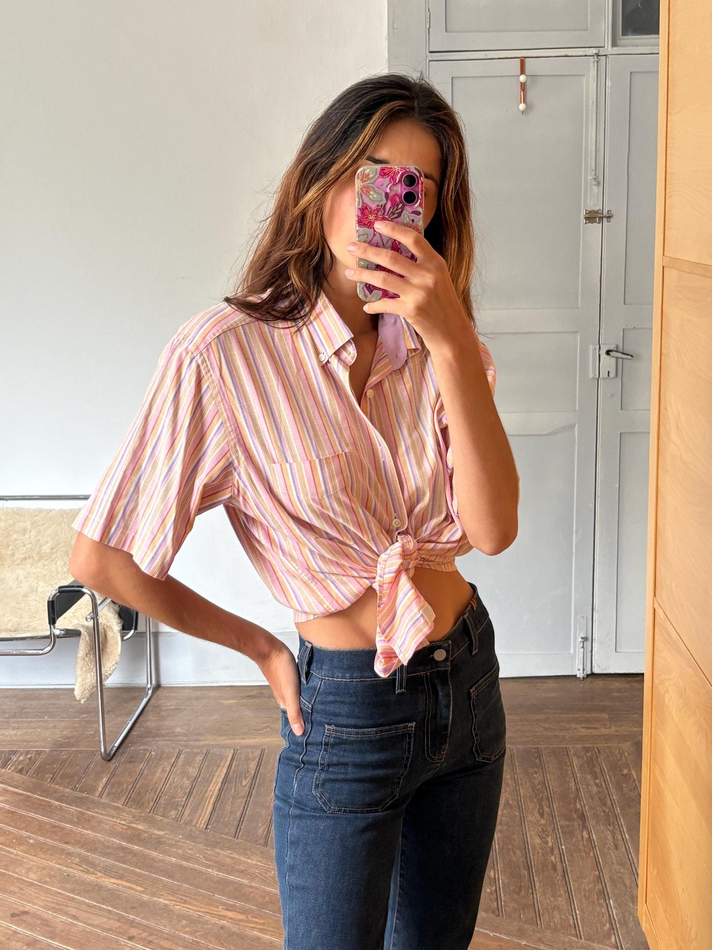Vintage Striped Button-Up Shirt – Unisex, Boxy Fit, Summer Pastels – Size L