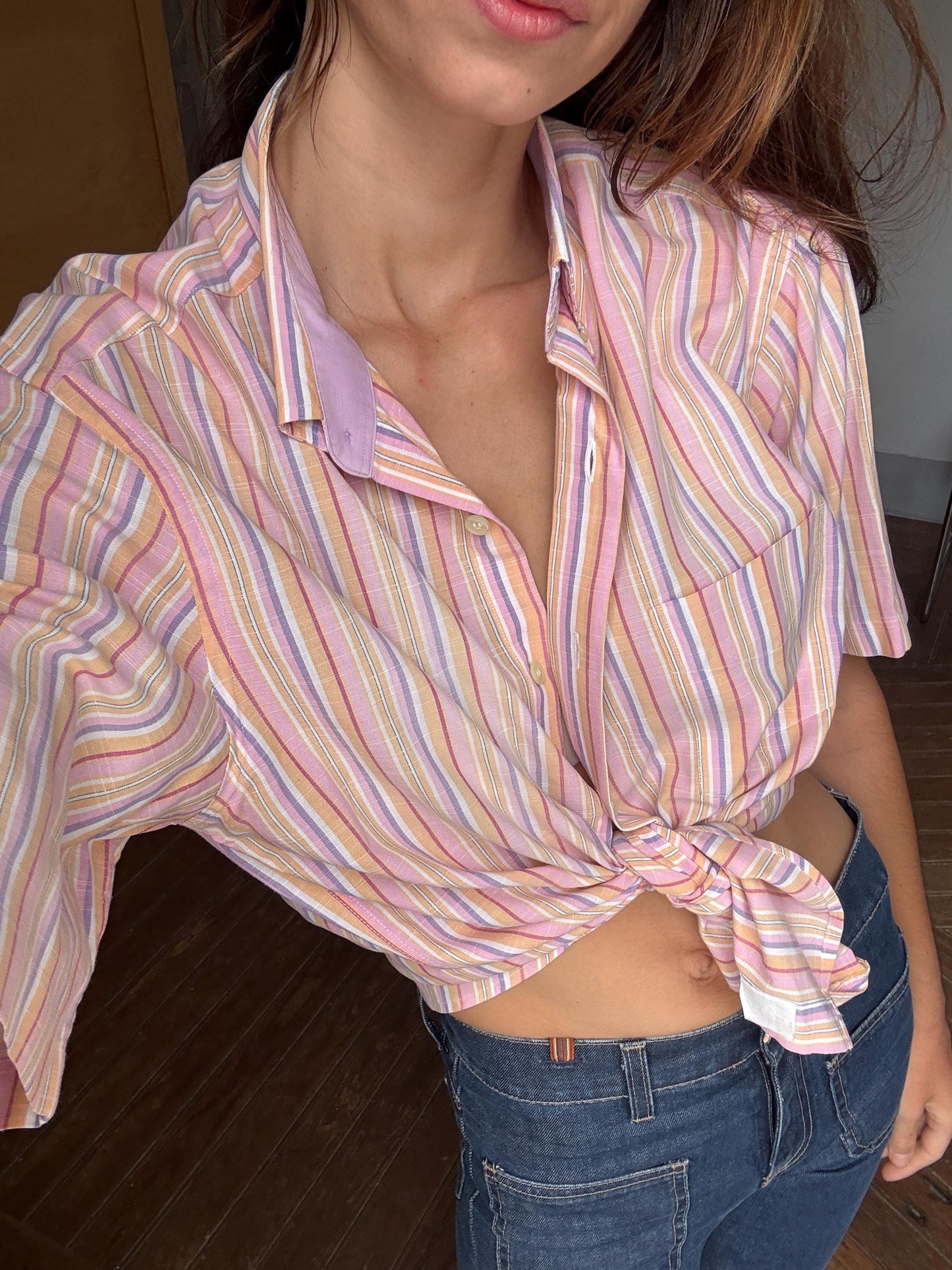 Vintage Striped Button-Up Shirt – Unisex, Boxy Fit, Summer Pastels – Size L