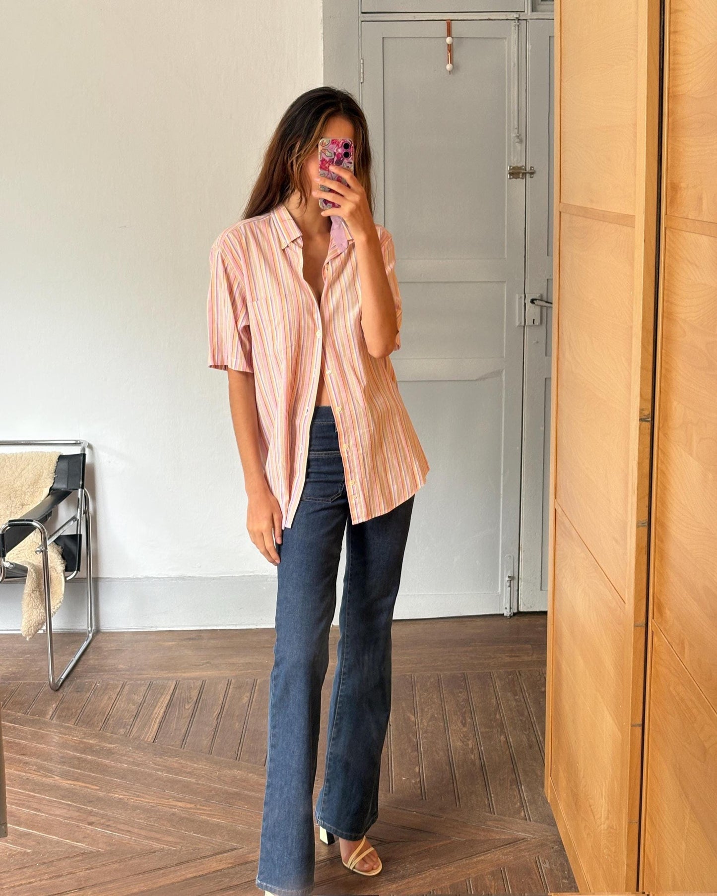 Vintage Striped Button-Up Shirt – Unisex, Boxy Fit, Summer Pastels – Size L