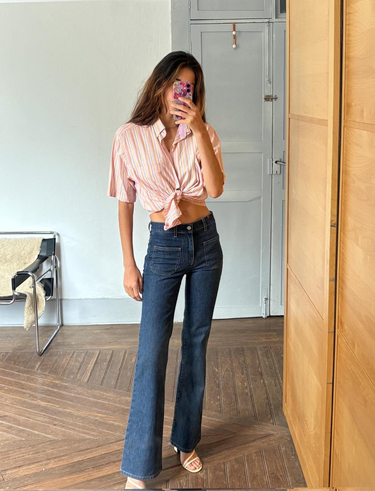 Vintage Striped Button-Up Shirt – Unisex, Boxy Fit, Summer Pastels – Size L