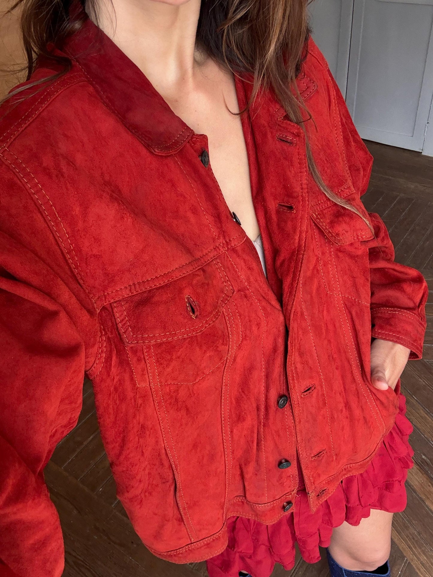 Vintage Red Suede Leather Jacket – 80s Oversized Eagle Force Coat | Genuine Suede Button Up Western Style