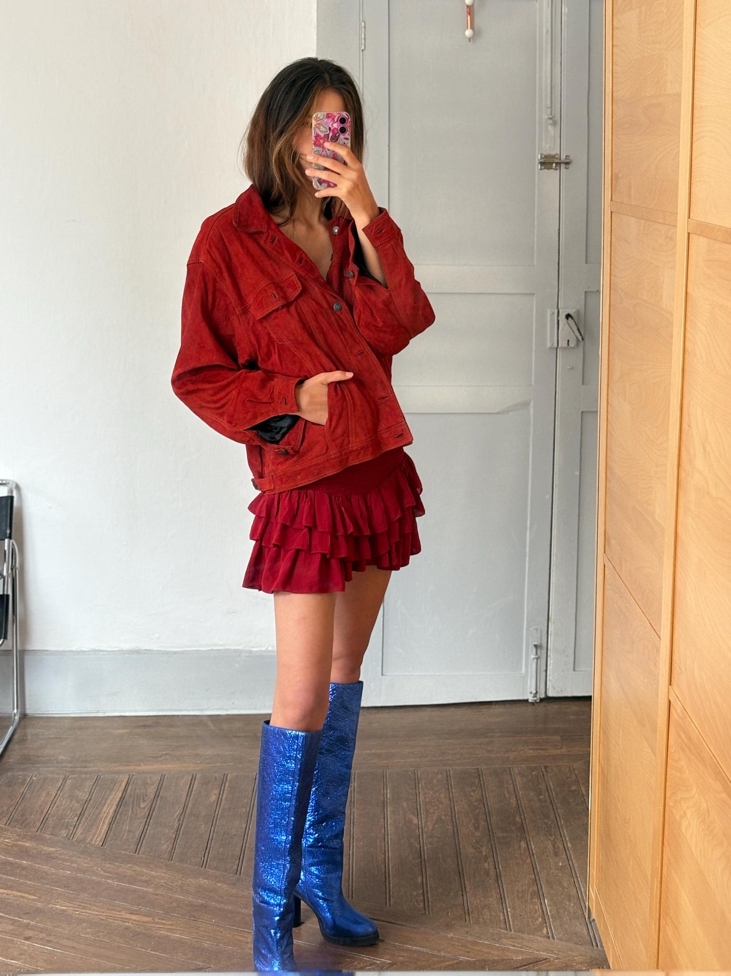 Vintage Red Suede Leather Jacket – 80s Oversized Eagle Force Coat | Genuine Suede Button Up Western Style
