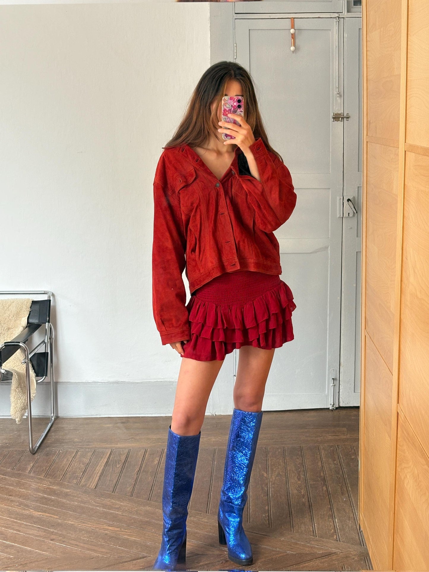 Vintage Red Suede Leather Jacket – 80s Oversized Eagle Force Coat | Genuine Suede Button Up Western Style