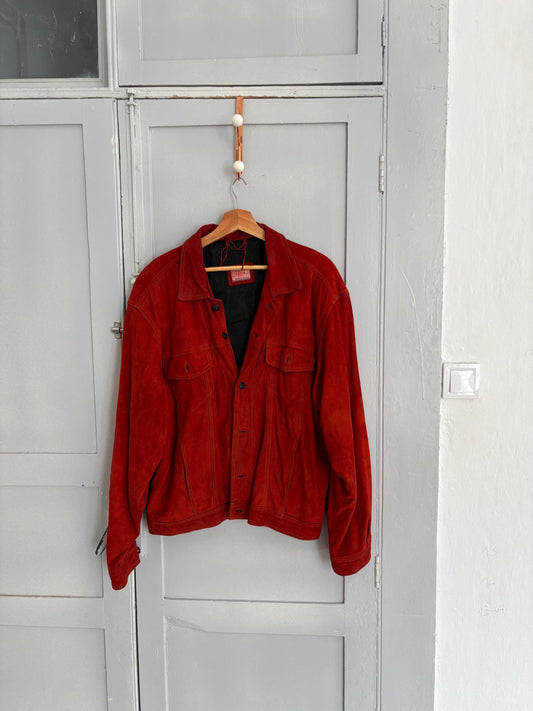 Vintage Red Suede Leather Jacket – 80s Oversized Eagle Force Coat | Genuine Suede Button Up Western Style