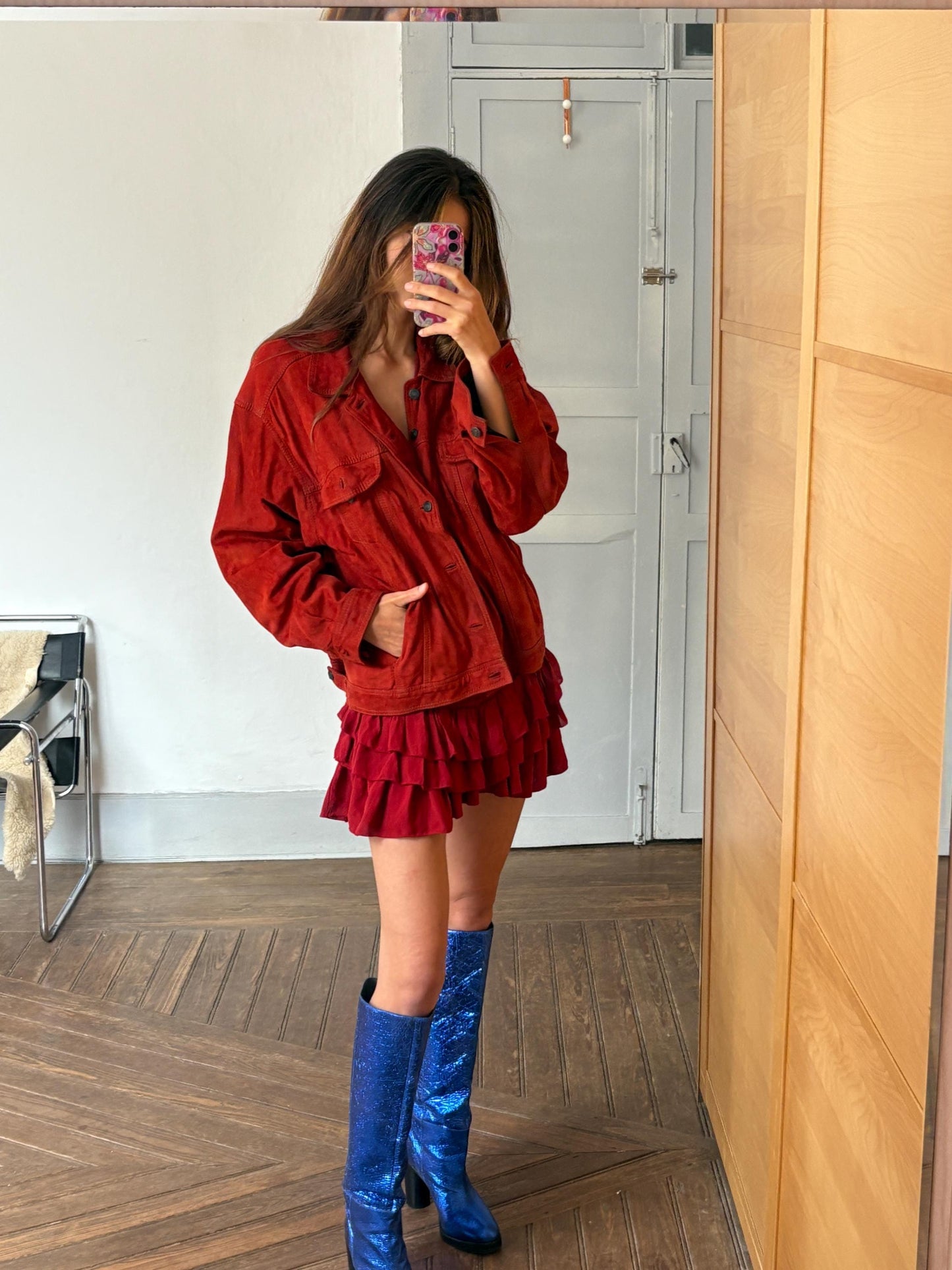 Vintage Red Suede Leather Jacket – 80s Oversized Eagle Force Coat | Genuine Suede Button Up Western Style