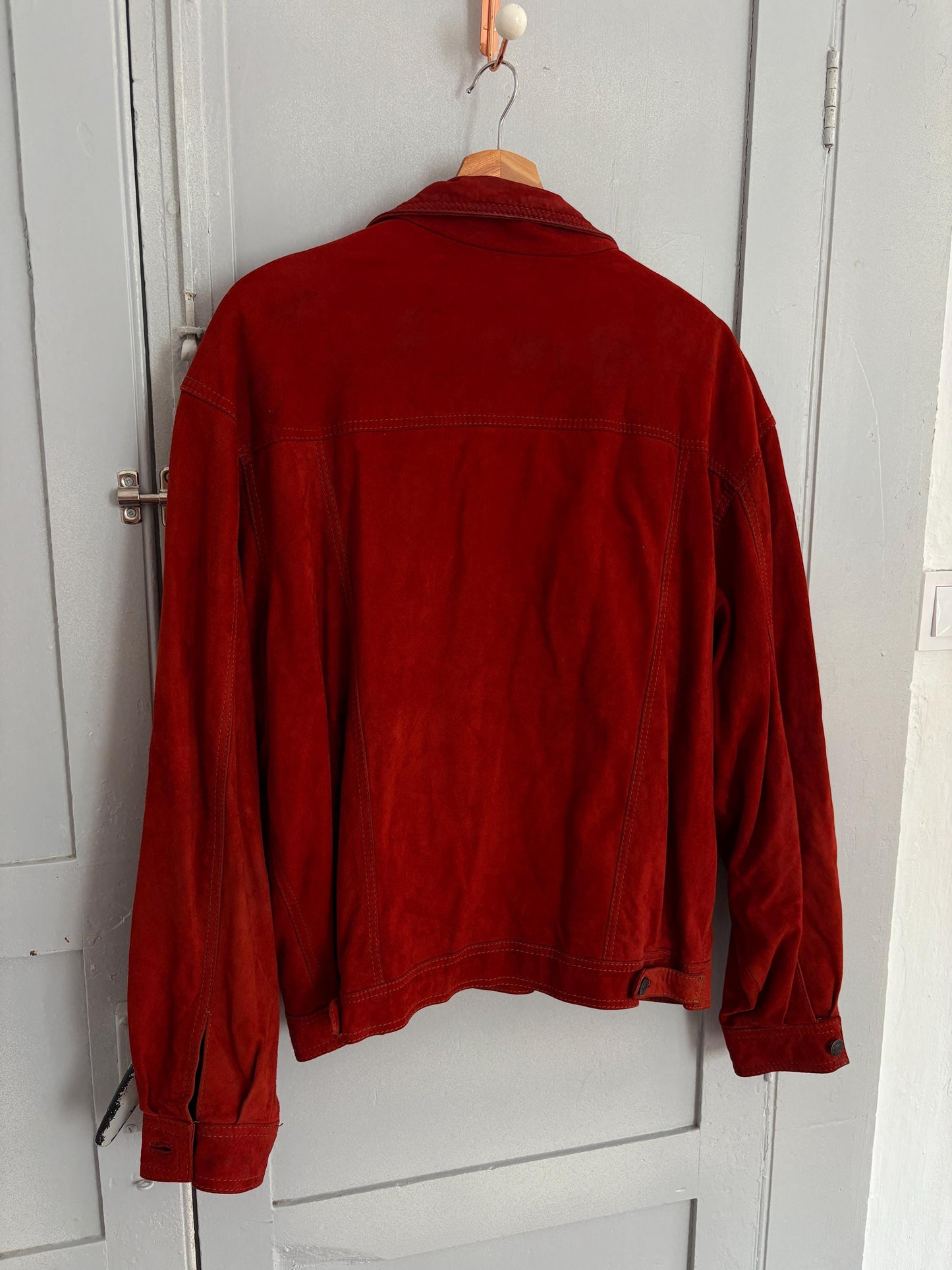 Vintage Red Suede Leather Jacket – 80s Oversized Eagle Force Coat | Genuine Suede Button Up Western Style