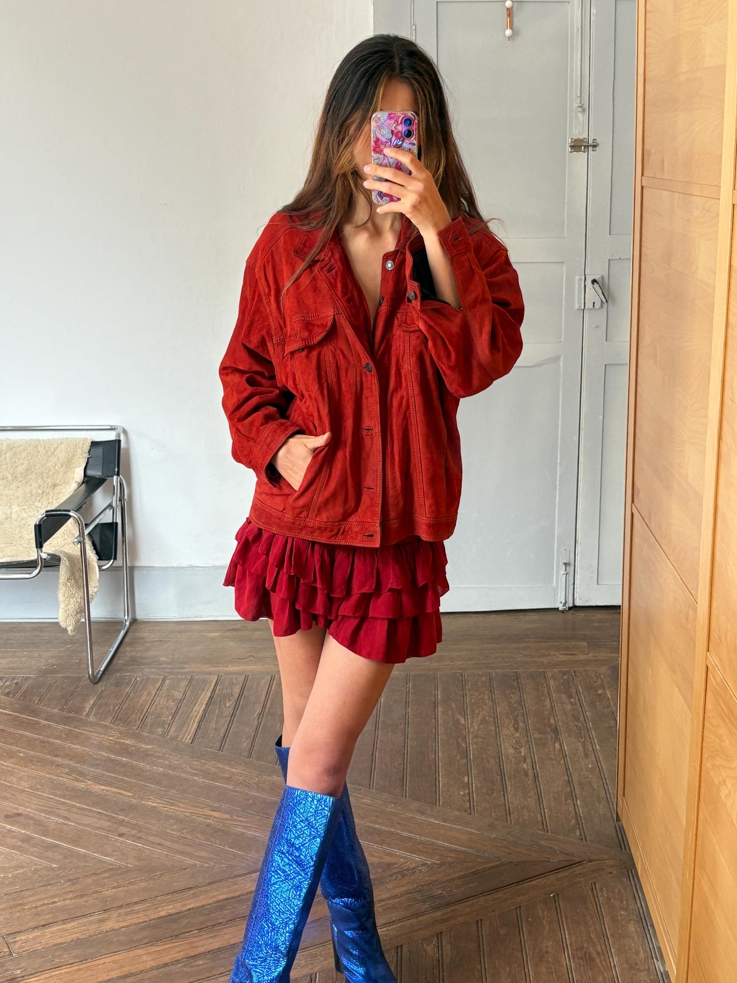 Vintage Red Suede Leather Jacket – 80s Oversized Eagle Force Coat | Genuine Suede Button Up Western Style