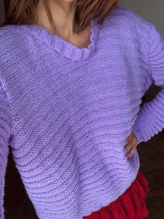 Vintage Purple Chunky Knit Sweater Handmade Y2K Glam Glitter Thread One Size Fit Cozy Winter Pullover