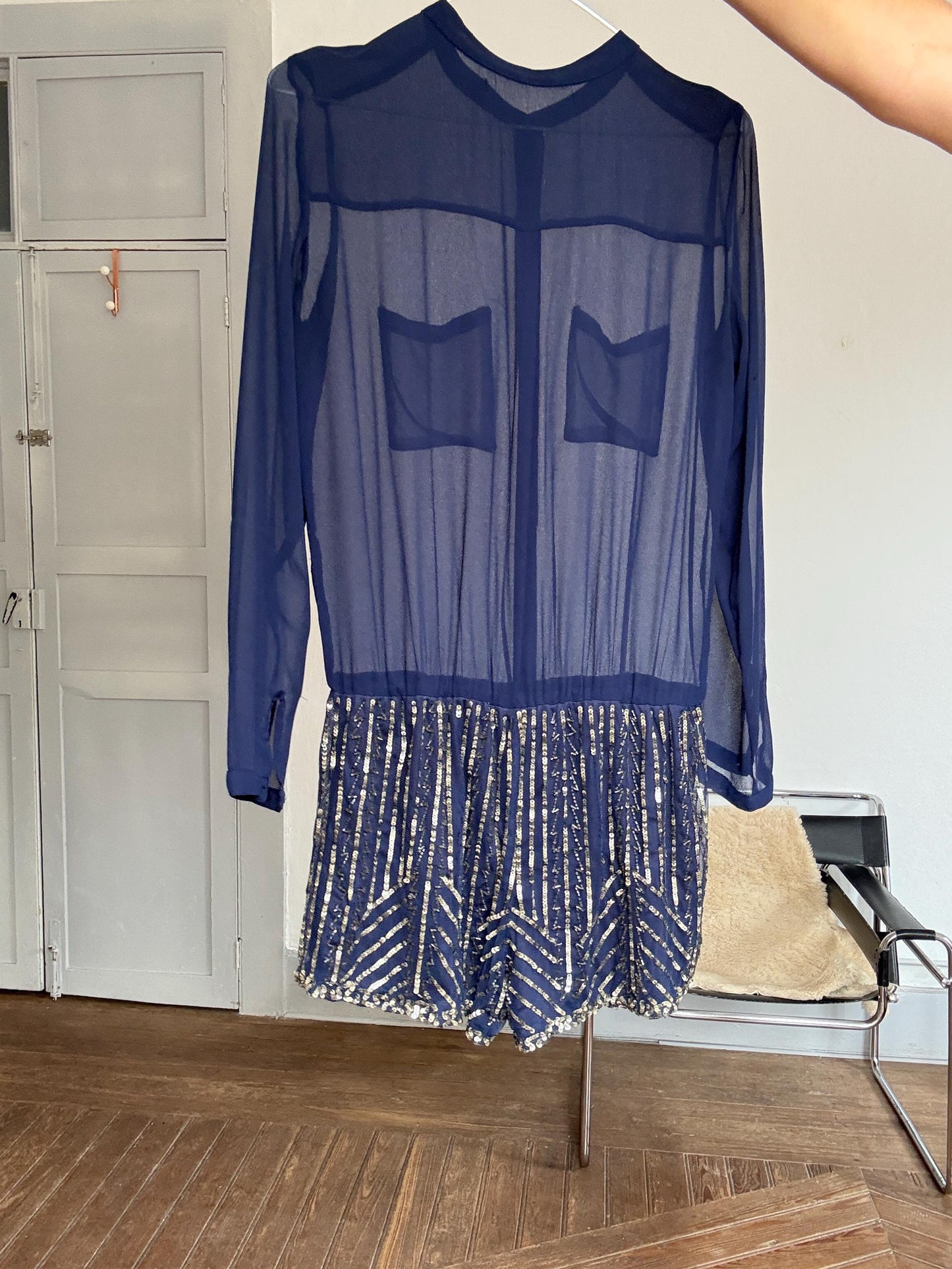 Sheer Navy Embellished Romper – Festive Sequin Playsuit, Size S