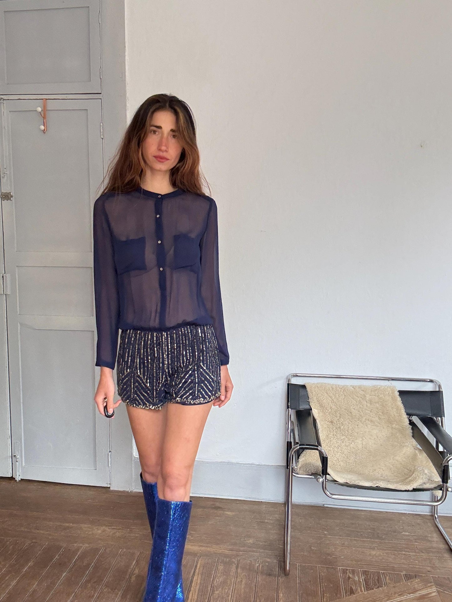 Sheer Navy Embellished Romper – Festive Sequin Playsuit, Size S