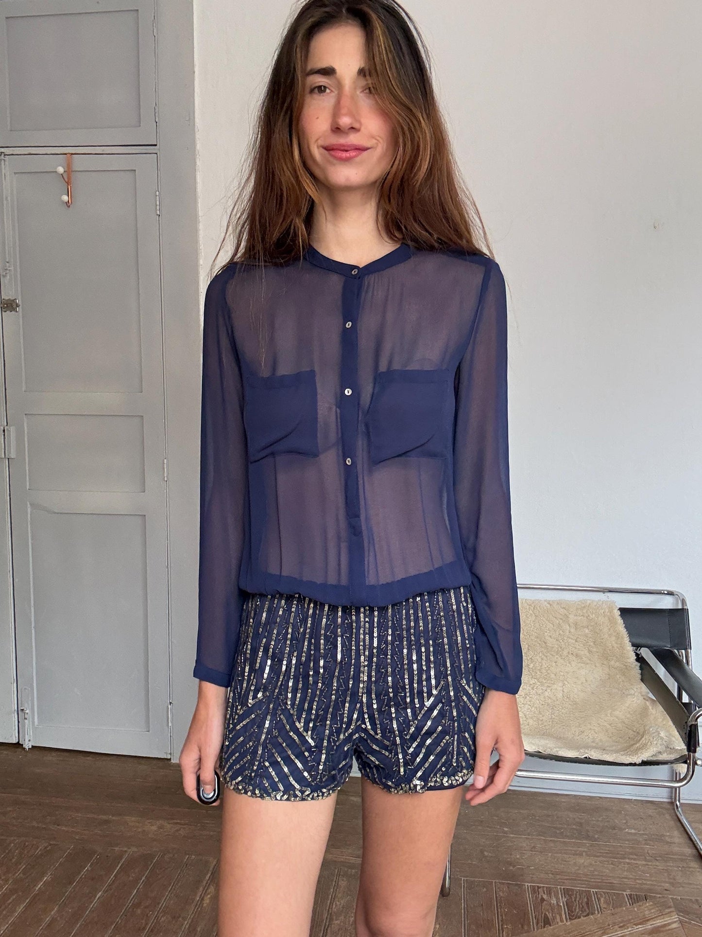 Sheer Navy Embellished Romper – Festive Sequin Playsuit, Size S