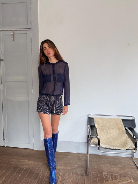 Sheer Navy Embellished Romper – Festive Sequin Playsuit, Size S