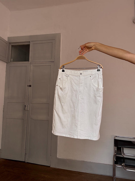 Vintage White Stretch Denim Skirt – La Strada by Sievers – Mid-Length Y2K Vibes