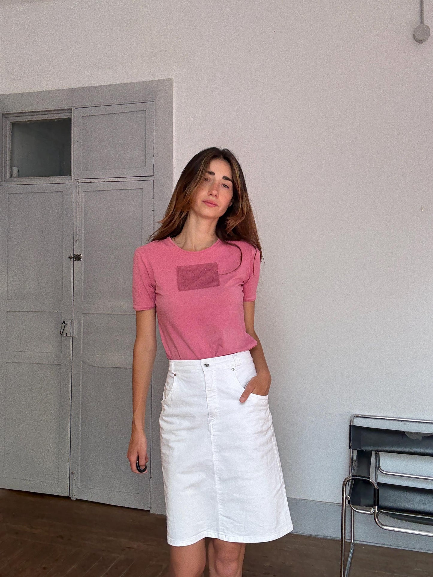 Vintage White Stretch Denim Skirt – La Strada by Sievers – Mid-Length Y2K Vibes
