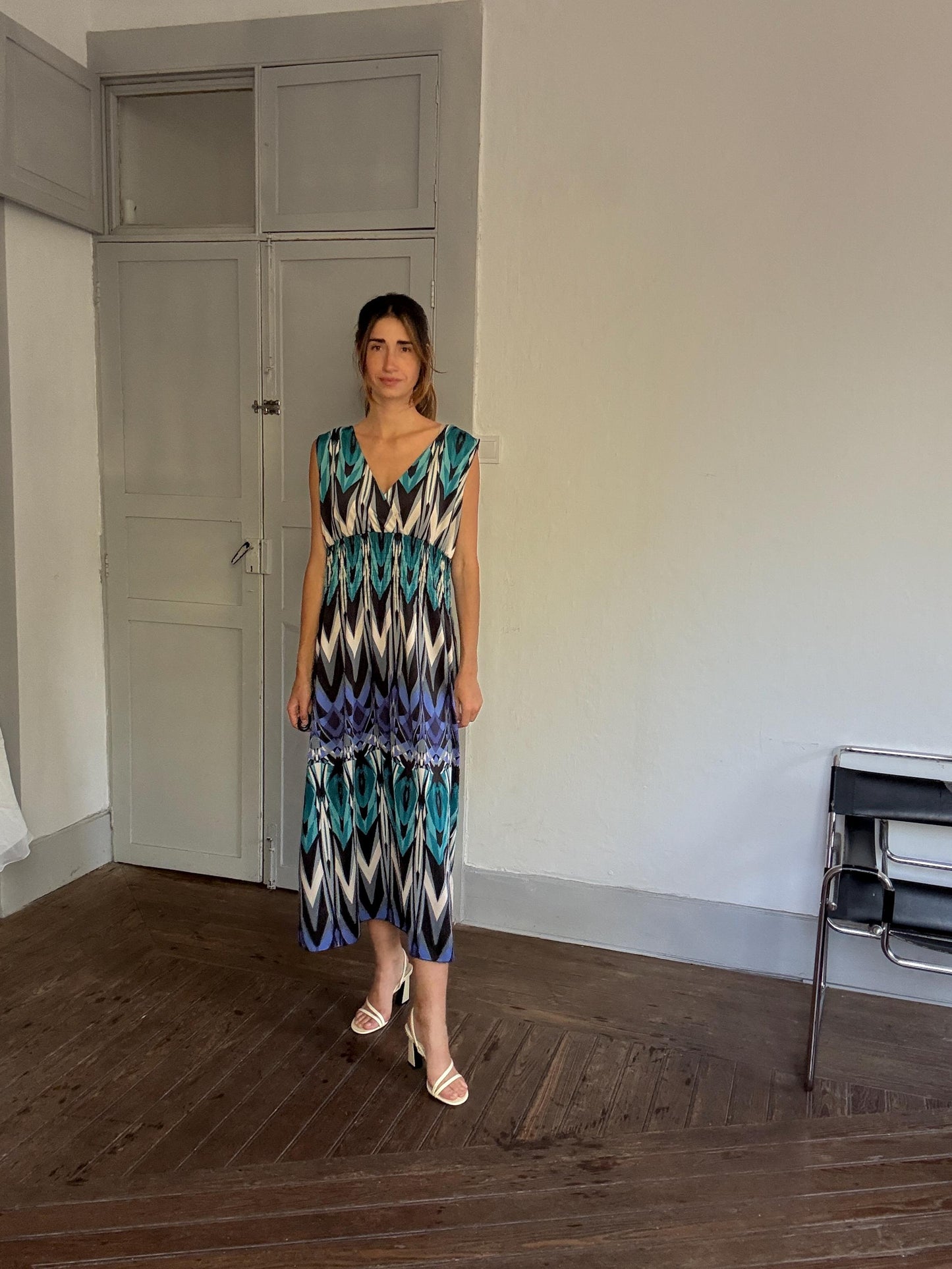 Bold Print Sleeveless Maxi Dress – 70s Boho Resort Glam – Drew Barrymore Style – Size L/XL