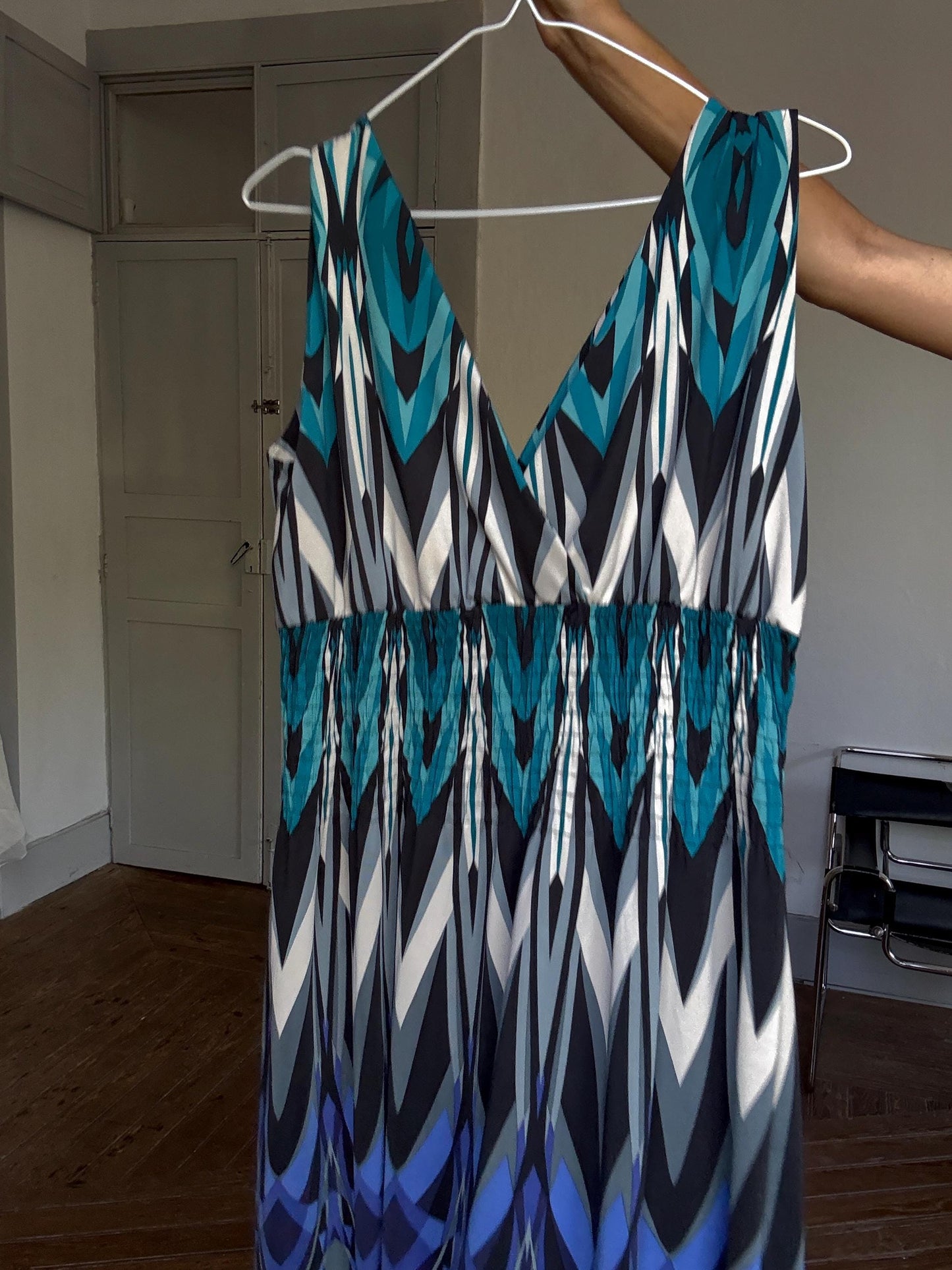 Bold Print Sleeveless Maxi Dress – 70s Boho Resort Glam – Drew Barrymore Style – Size L/XL
