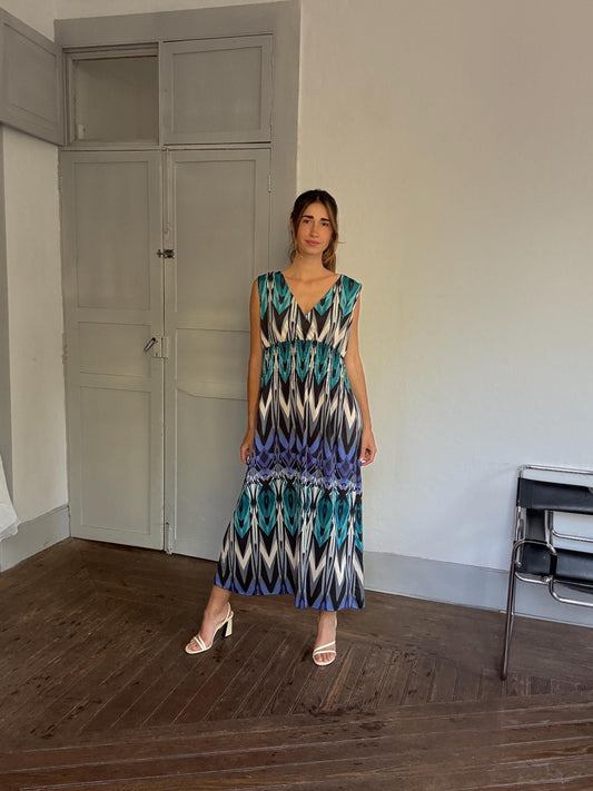 Bold Print Sleeveless Maxi Dress – 70s Boho Resort Glam – Drew Barrymore Style – Size L/XL
