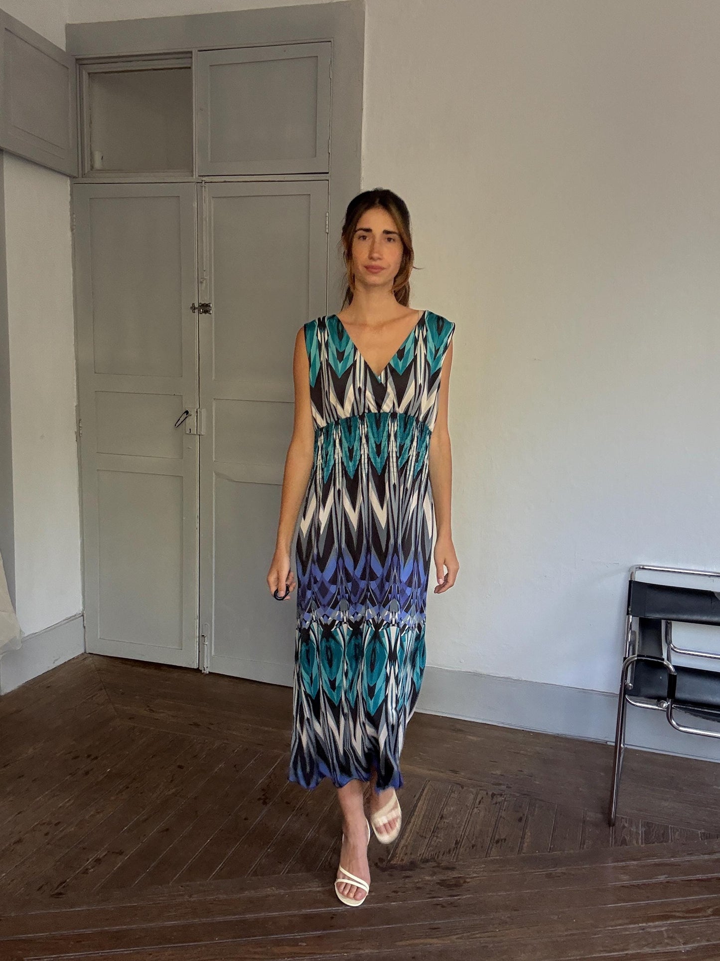 Bold Print Sleeveless Maxi Dress – 70s Boho Resort Glam – Drew Barrymore Style – Size L/XL