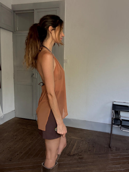 Y2K Sheer Brown Halter Top – Festival Mesh Camisole, Earthy Lightweight Tie Neck, See-Through Bikini Cover, Size S/M