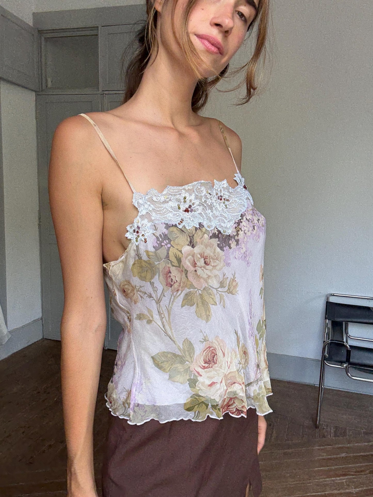 Vintage Renato Nucci Silk Camisole – Floral Lace Trim Lingerie Top, Y2K Nightwear, Romantic 2000s Cami, Delicate Sheer Slip Tank