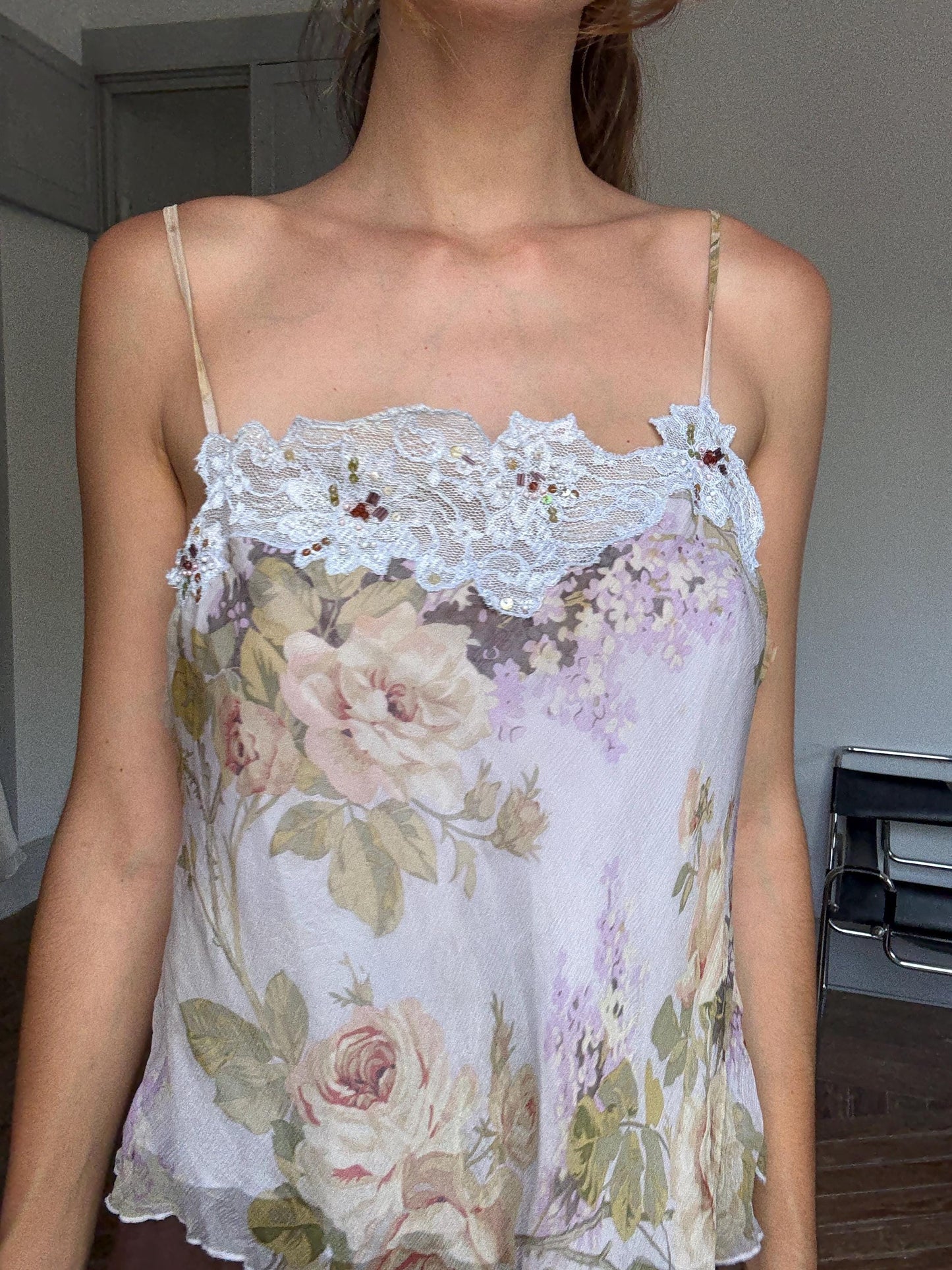 Vintage Renato Nucci Silk Camisole – Floral Lace Trim Lingerie Top, Y2K Nightwear, Romantic 2000s Cami, Delicate Sheer Slip Tank