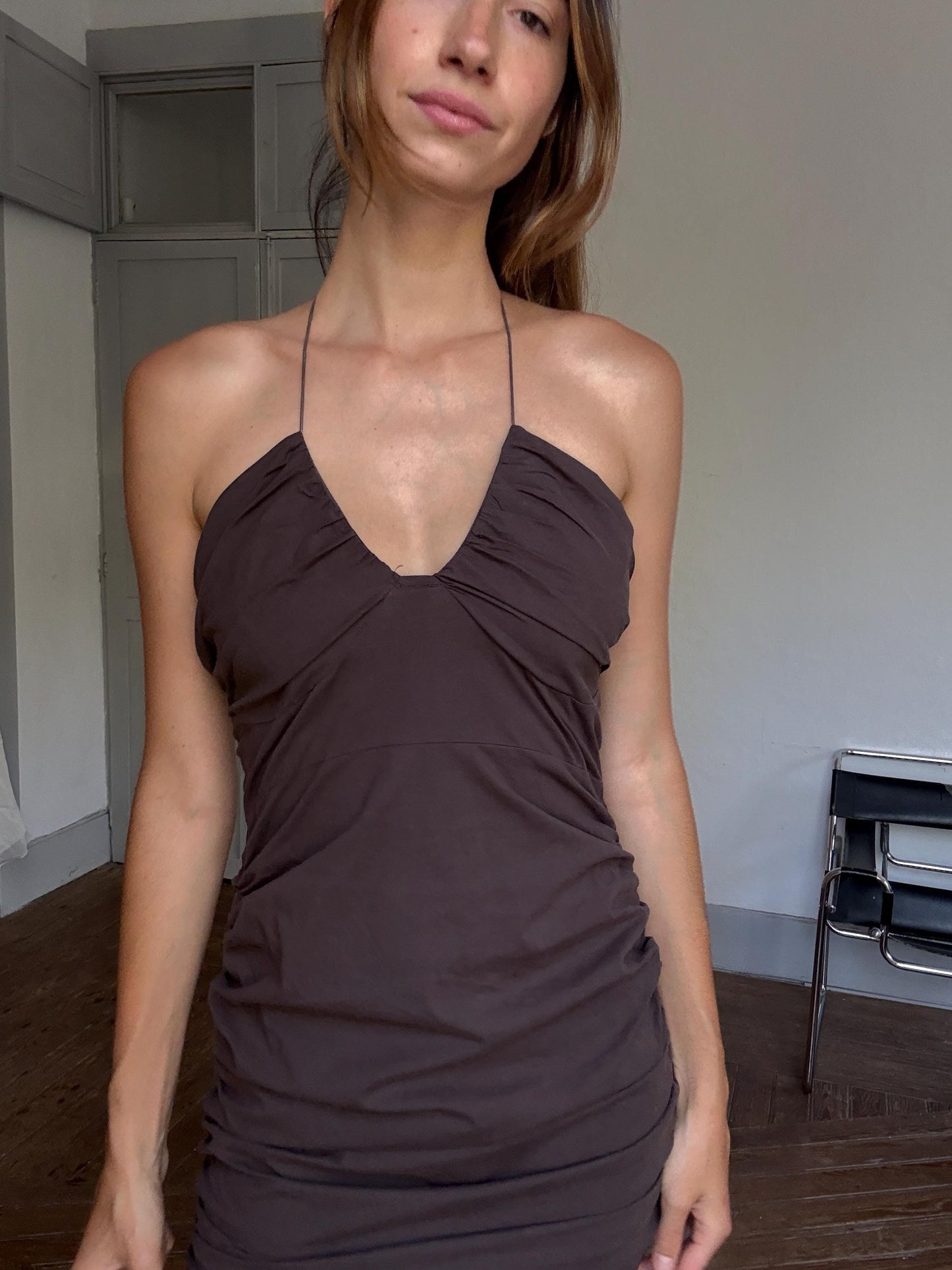 Y2K Brown Ruched Halter Mini Dress | 90s Clubwear Vibes | Size M