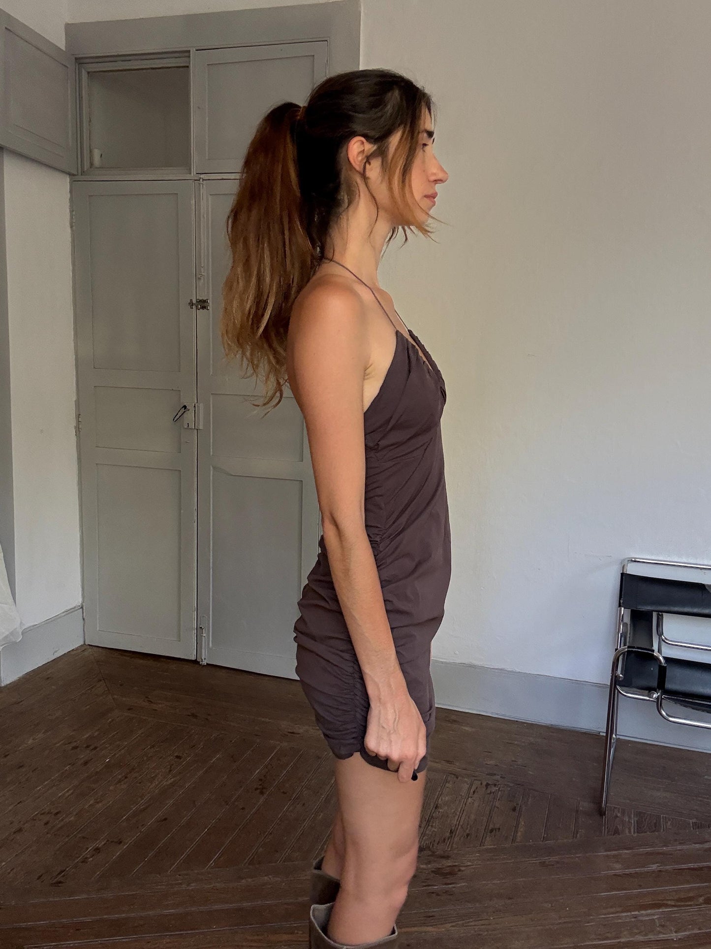 Y2K Brown Ruched Halter Mini Dress | 90s Clubwear Vibes | Size M