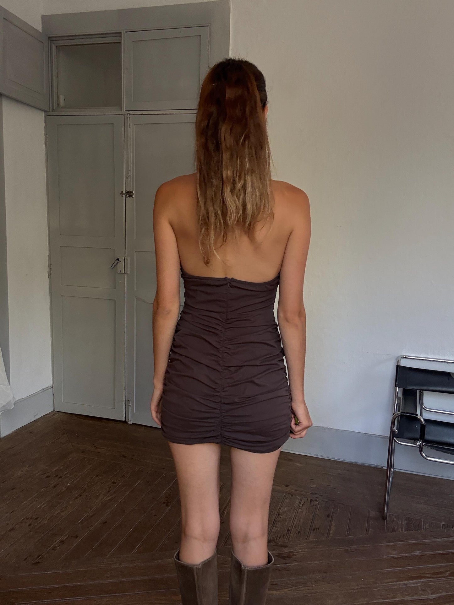 Y2K Brown Ruched Halter Mini Dress | 90s Clubwear Vibes | Size M