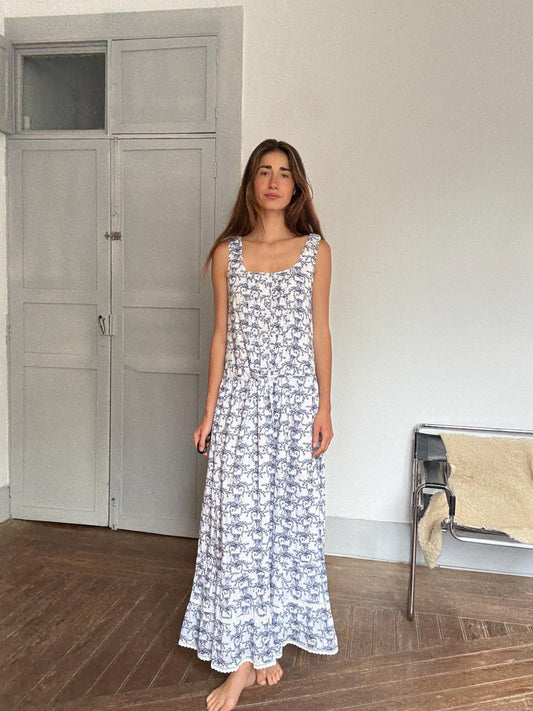 Vintage blue floral cotton maxi dress – white lace trim, Esprit tag size 38, cottagecore summer fit, M