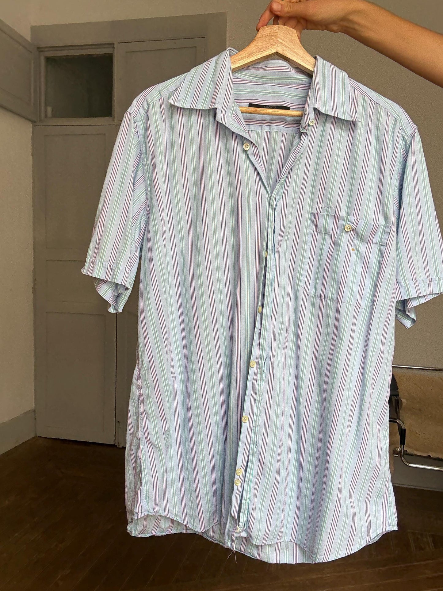 Vintage Ungaro Men’s Striped Shirt – Unisex Fit, French Designer, Button Down, Size L/XL, Styled Cropped or Loose