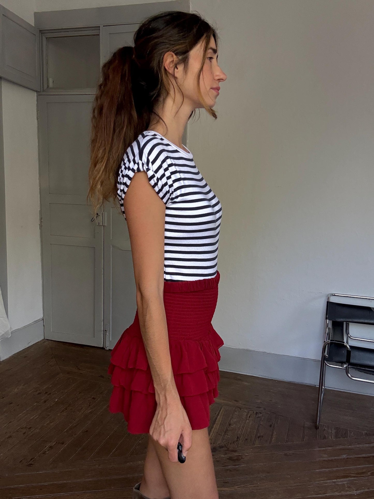 Blue & white striped bodysuit – stretchy cotton tee fit, French girl summer vibes, cute puff sleeve vintage style top size S