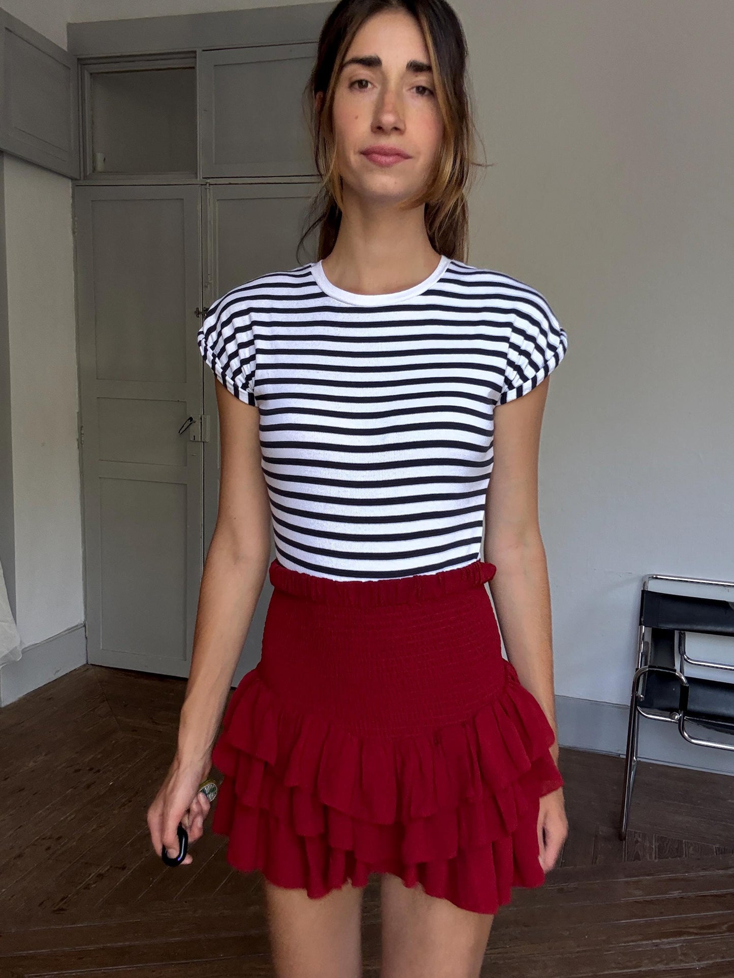 Blue & white striped bodysuit – stretchy cotton tee fit, French girl summer vibes, cute puff sleeve vintage style top size S