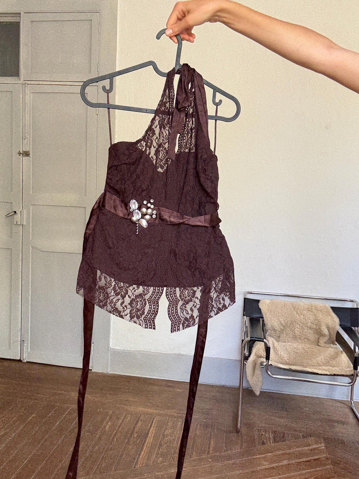 Vintage Y2K Brown Lace Halter Corset Top w/ Gem Detail | Paris Hilton Energy | Romantic Festival Going Out Look