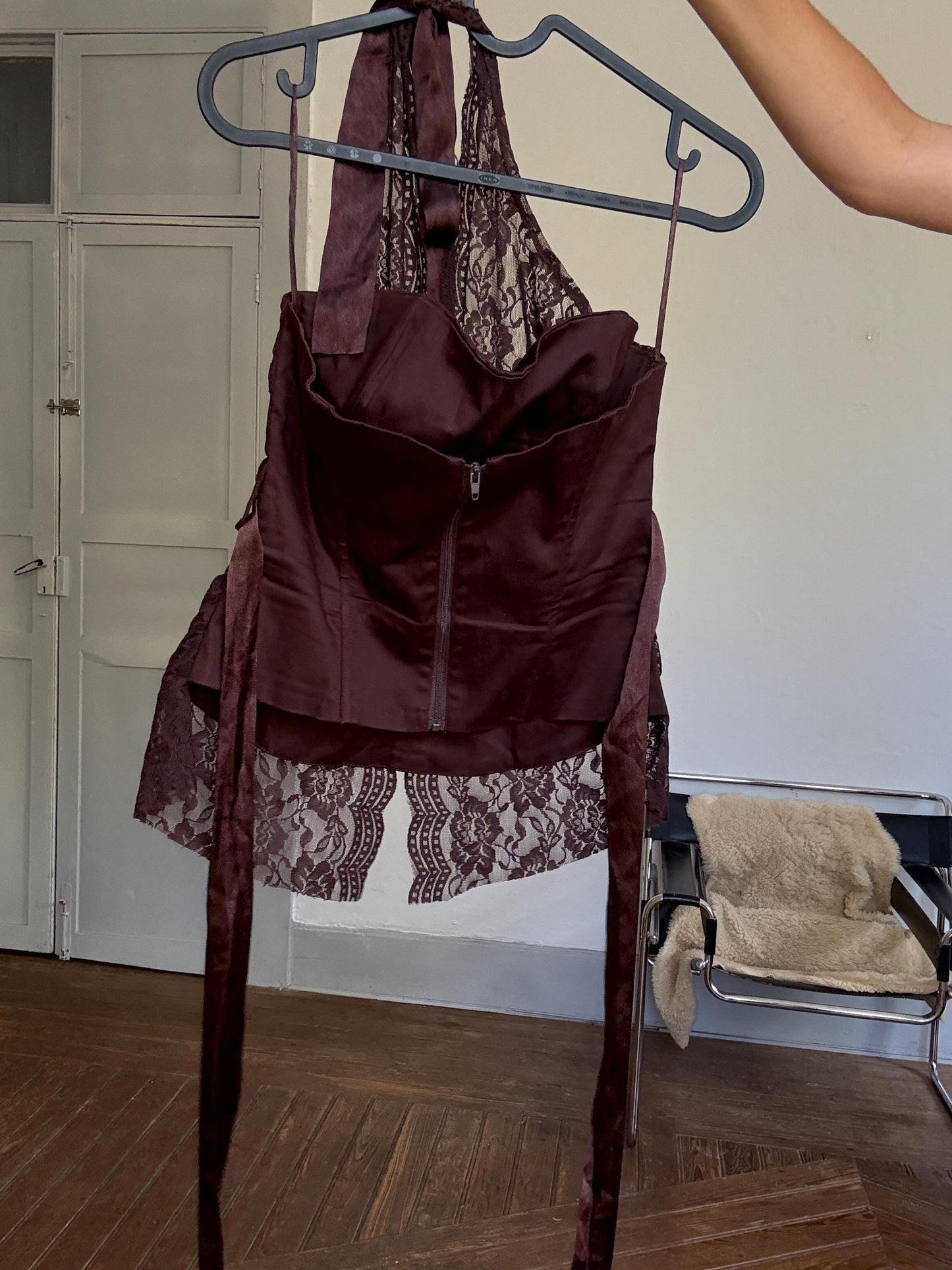 Vintage Y2K Brown Lace Halter Corset Top w/ Gem Detail | Paris Hilton Energy | Romantic Festival Going Out Look