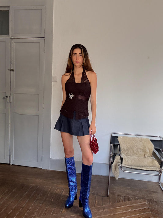 Vintage Y2K Brown Lace Halter Corset Top w/ Gem Detail | Paris Hilton Energy | Romantic Festival Going Out Look