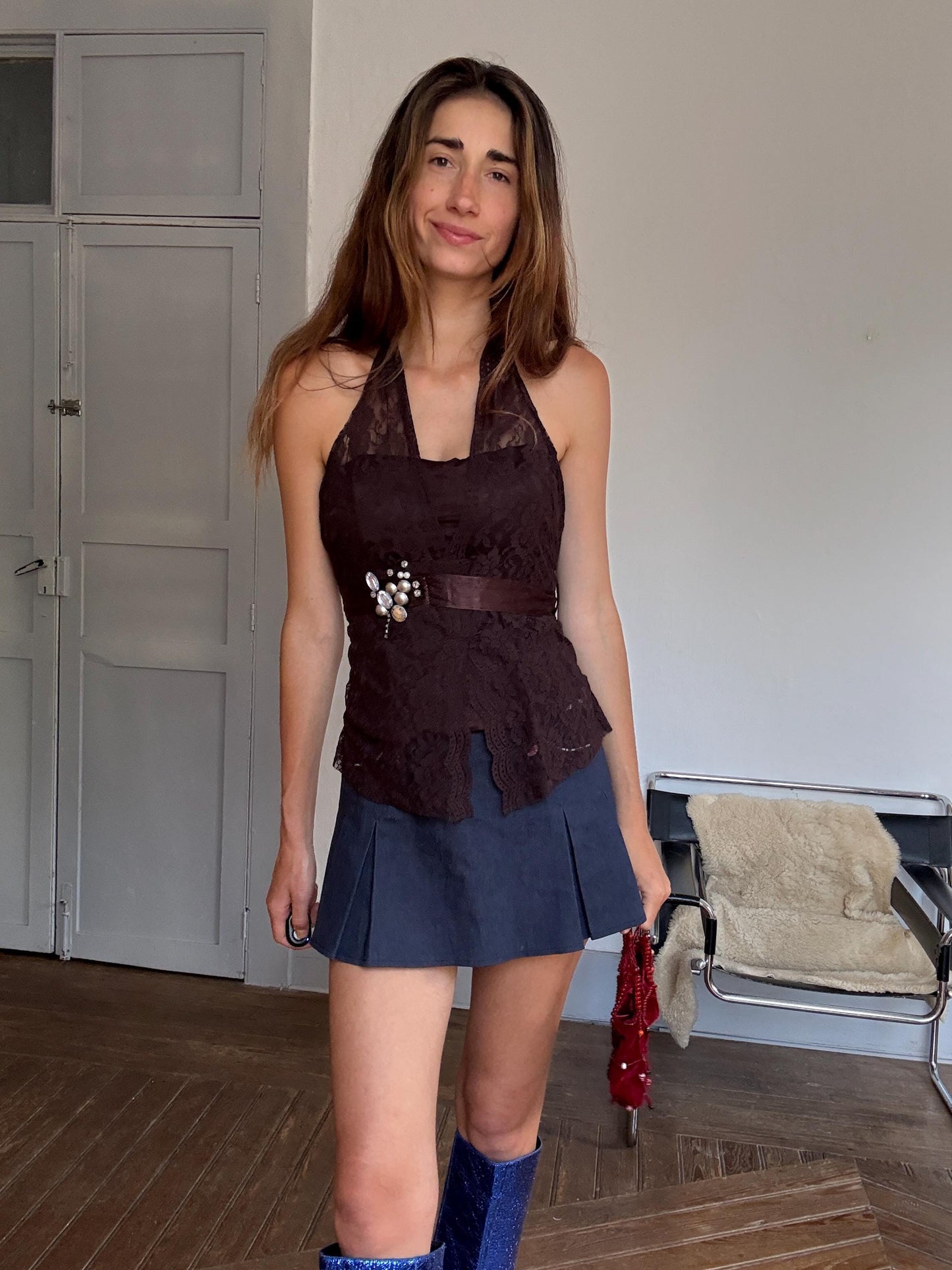 Vintage Y2K Brown Lace Halter Corset Top w/ Gem Detail | Paris Hilton Energy | Romantic Festival Going Out Look
