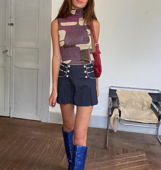 Vintage Y2K glitter turtleneck top – retro sleeveless sparkle in purple & cream