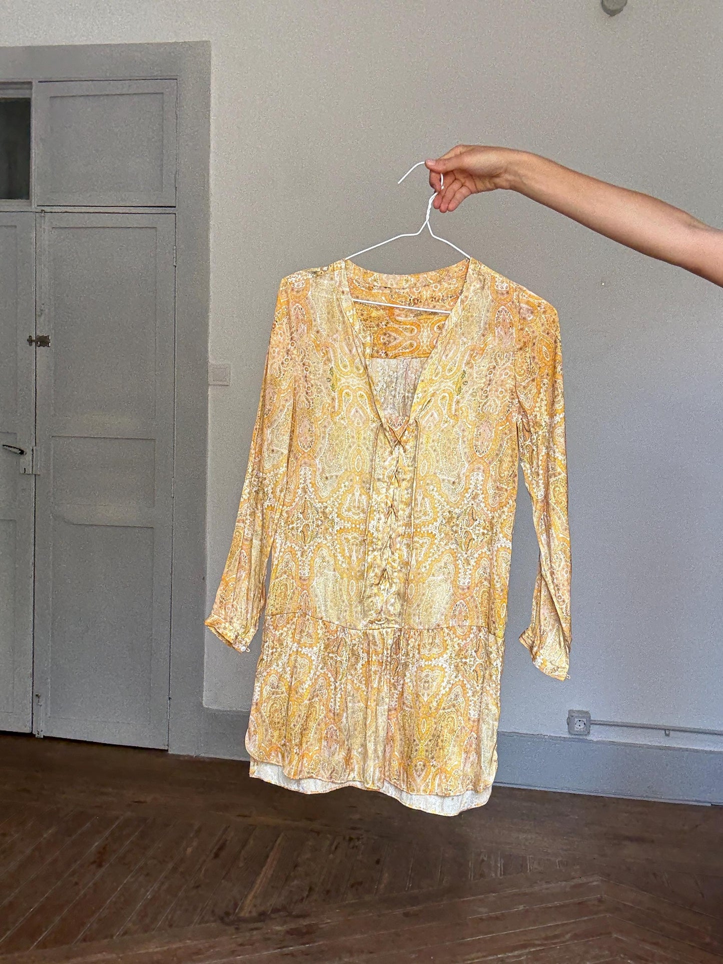 Boho Yellow Mini Dress | Lightweight Paisley Print Long Sleeve | White Lotus Vibes , Size S