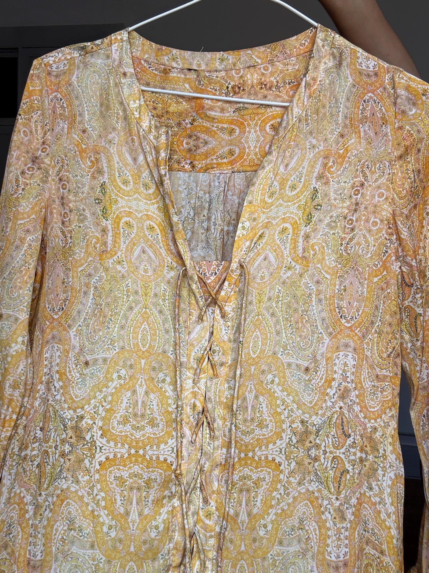 Boho Yellow Mini Dress | Lightweight Paisley Print Long Sleeve | White Lotus Vibes , Size S