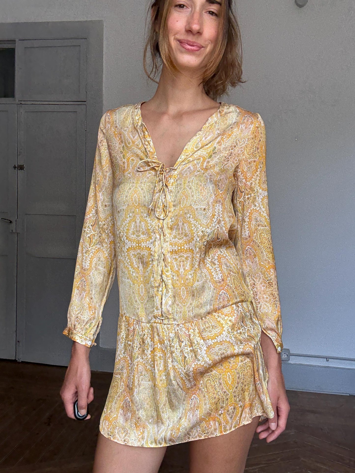 Boho Yellow Mini Dress | Lightweight Paisley Print Long Sleeve | White Lotus Vibes , Size S