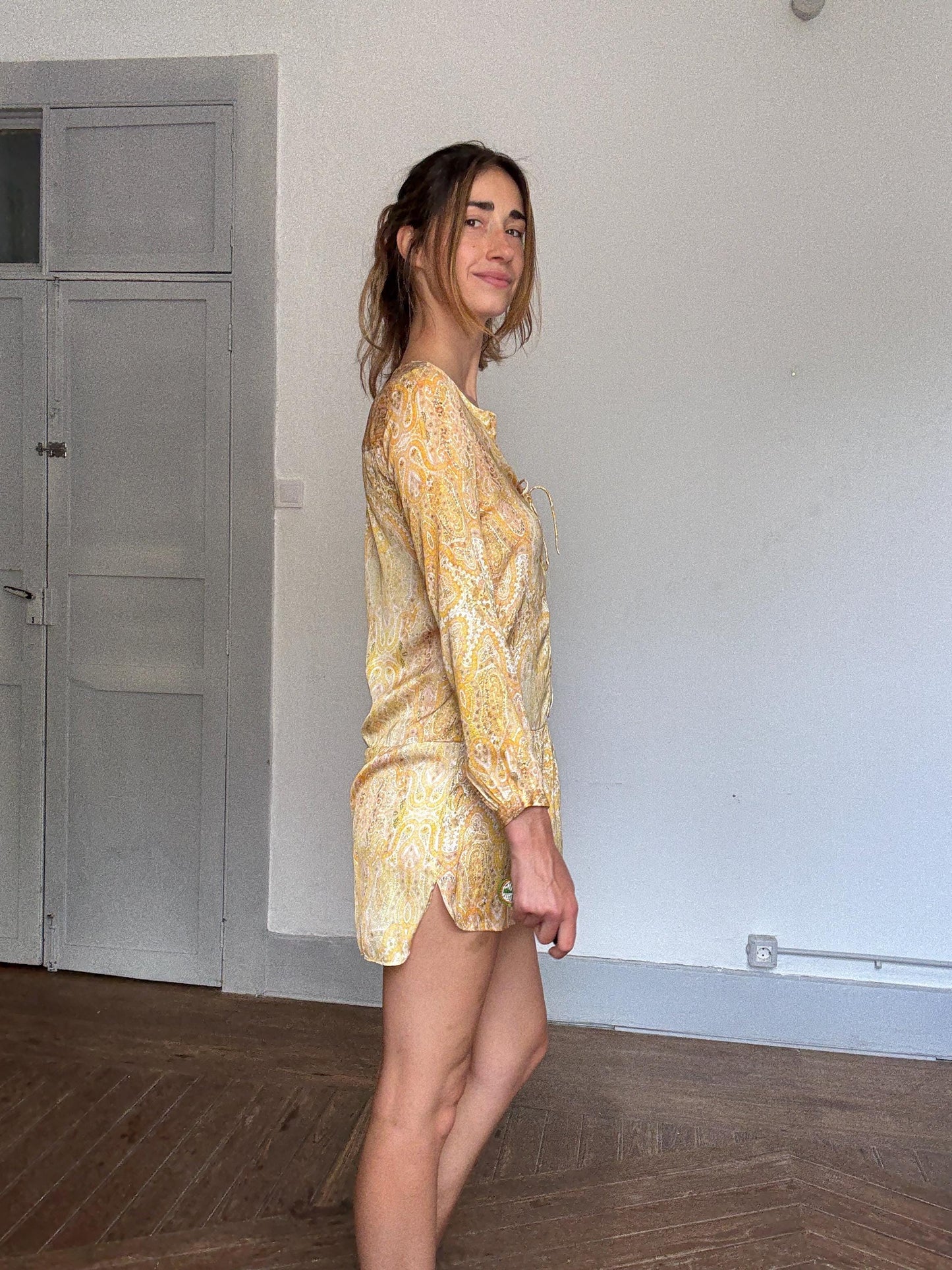 Boho Yellow Mini Dress | Lightweight Paisley Print Long Sleeve | White Lotus Vibes , Size S