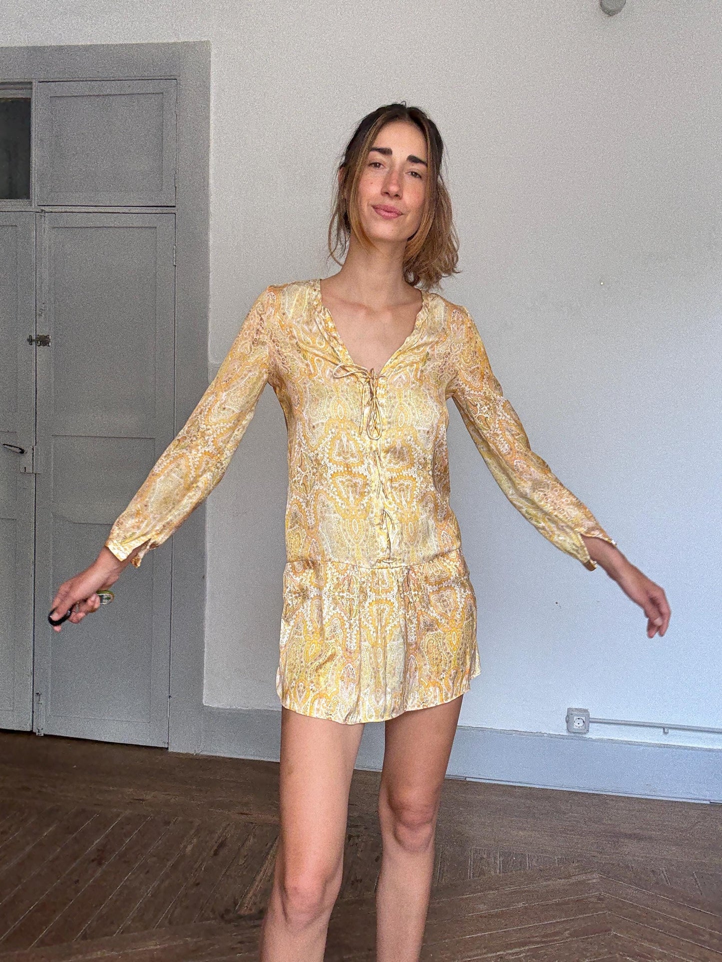 Boho Yellow Mini Dress | Lightweight Paisley Print Long Sleeve | White Lotus Vibes , Size S